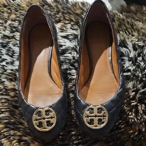 Tory Burch Quilted Black Flats with Gold Emblem